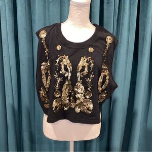 Urban Outfitters Large Black Sleeveless T-Shirt with Gold Sequin Design